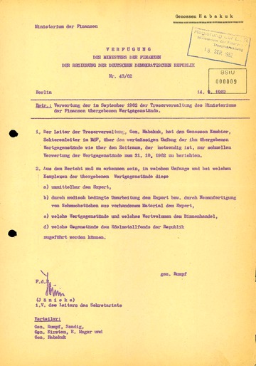 Verfügung des DDR-Finanzministeriums zur Verwertung der Wertgegenstände aus der Aktion "Licht"