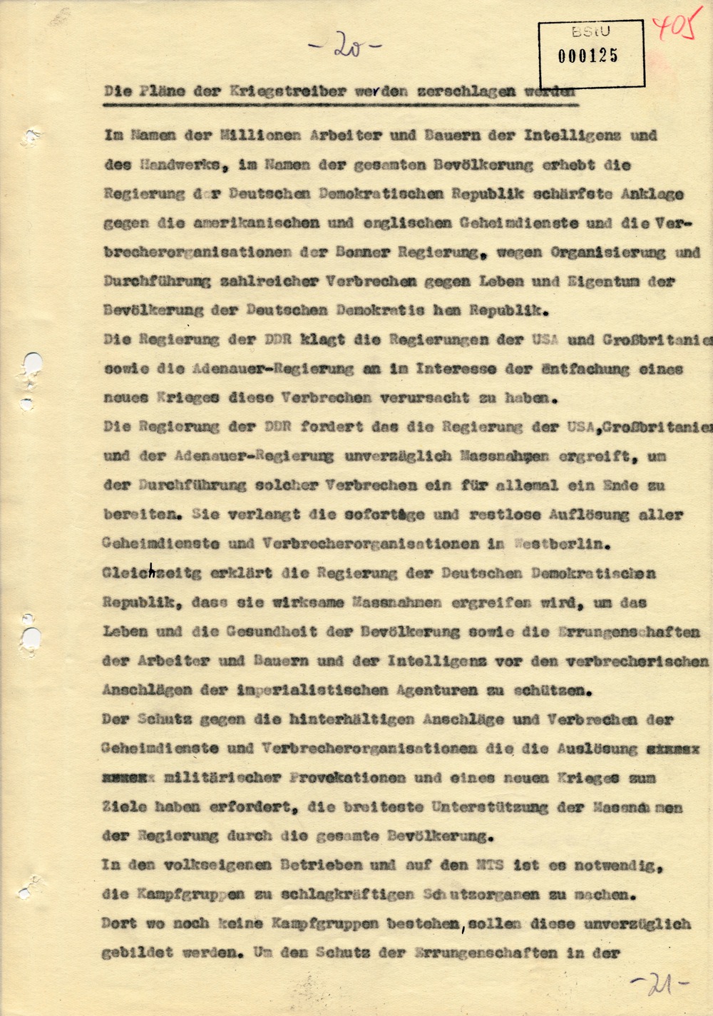 Entwurf einer Regierungserklärung zur Aktion "Blitz"