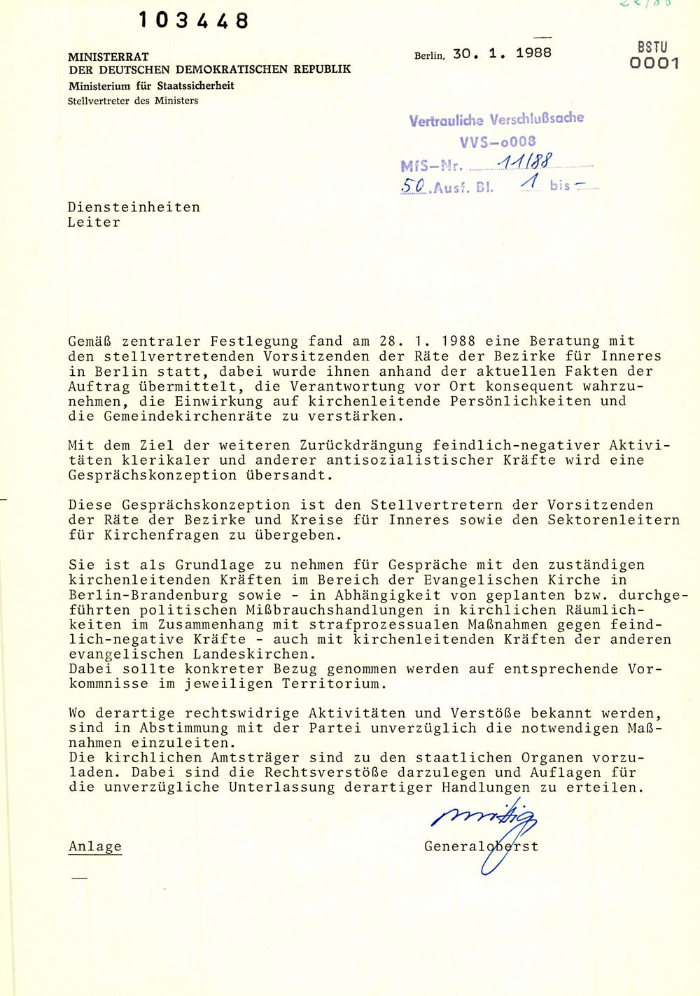 Schreiben An Alle Diensteinheiten Zur Einwirkung Auf Die Kirchenleitenden Organe Mediathek Des Stasi Unterlagen Archivs