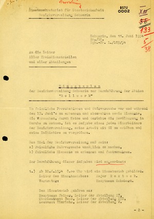 Einsatzplan zur Aktion "Bollwerk" für den ersten Jahrestag des 17. Juni 1953