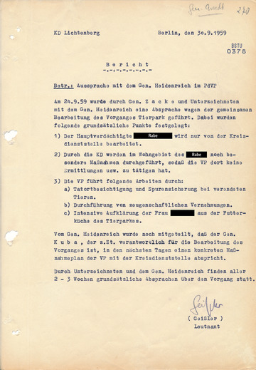 Absprache zwischen Staatssicherheit und Volkspolizei bei den Tierpark-Ermittlungen 1959