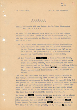 Gespräch des MfS mit Tierpark-Direktor Heinrich Dathe im Zuge von Ermittlungen 1959