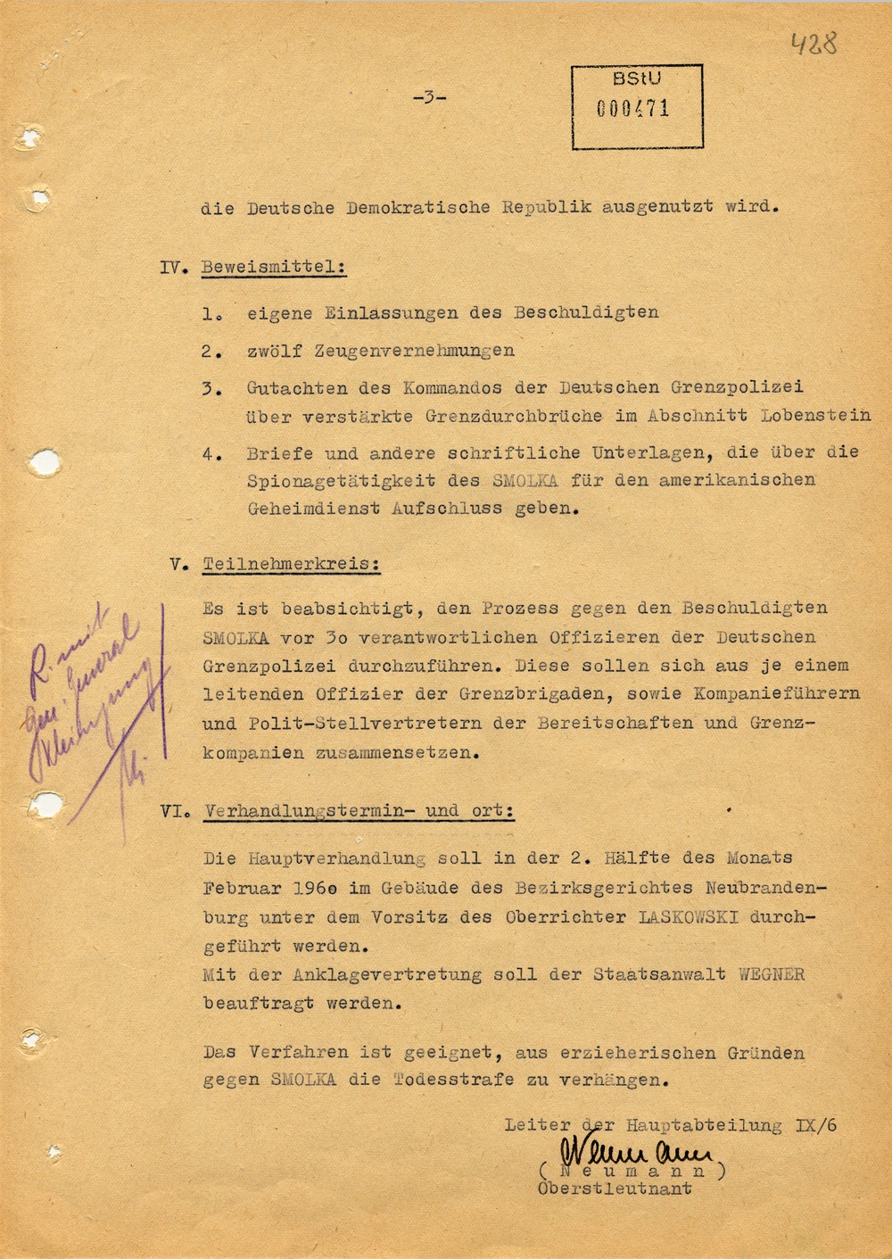 Vorschlag zur Durchführung eines Prozesses gegen den ehemaligen Grenzpolizisten Manfred Smolka