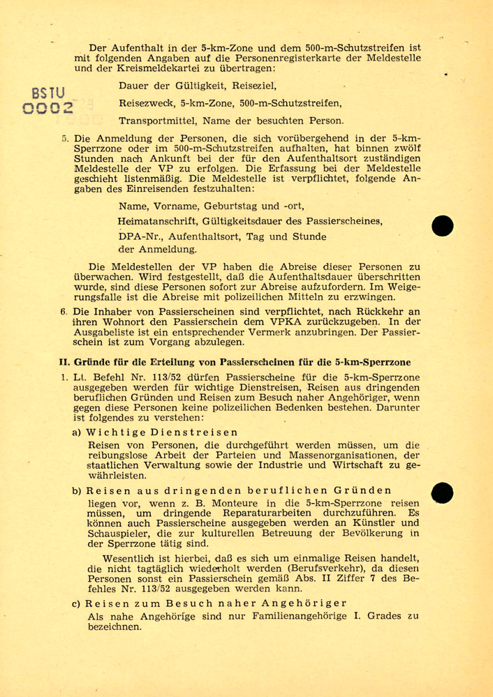 Dienstanweisung Nr. 2/52 der Volkspolizei zu Passierscheinen für die Sperrzone