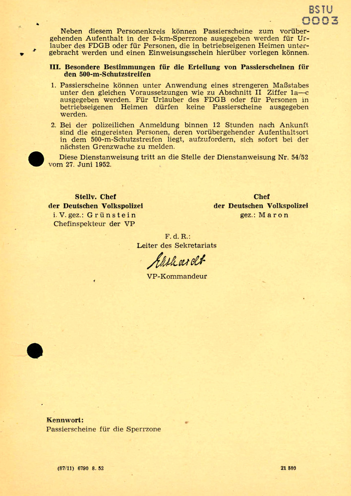 Dienstanweisung Nr. 2/52 der Volkspolizei zu Passierscheinen für die Sperrzone