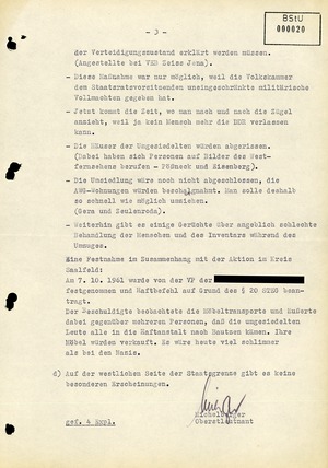 Wochenbericht nach Durchführung der Aktion "Festigung" im Oktober 1961