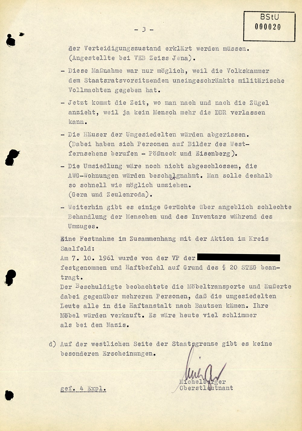 Wochenbericht nach Durchführung der Aktion "Festigung" im Oktober 1961