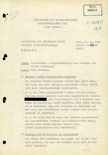 Wochenbericht nach Durchführung der Aktion "Festigung" im Oktober 1961