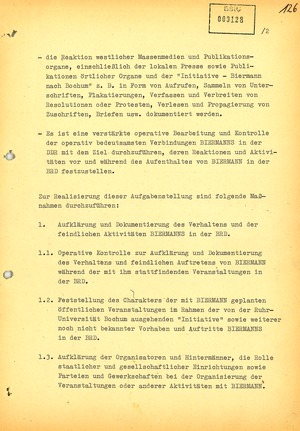 Plan zur Beobachtung Wolf Biermanns während seiner Auftritte in der Bundesrepublik