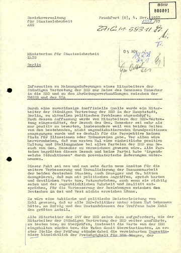 Informationen zu Meinungsäußerungen eines Mitarbeiters der Ständigen Vertretung der BRD zum Honecker-Besuch