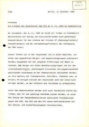 Hinweise zum Einsatz von Stasi-Mitarbeitern für die Demonstration am 4. November 1989 in Berlin