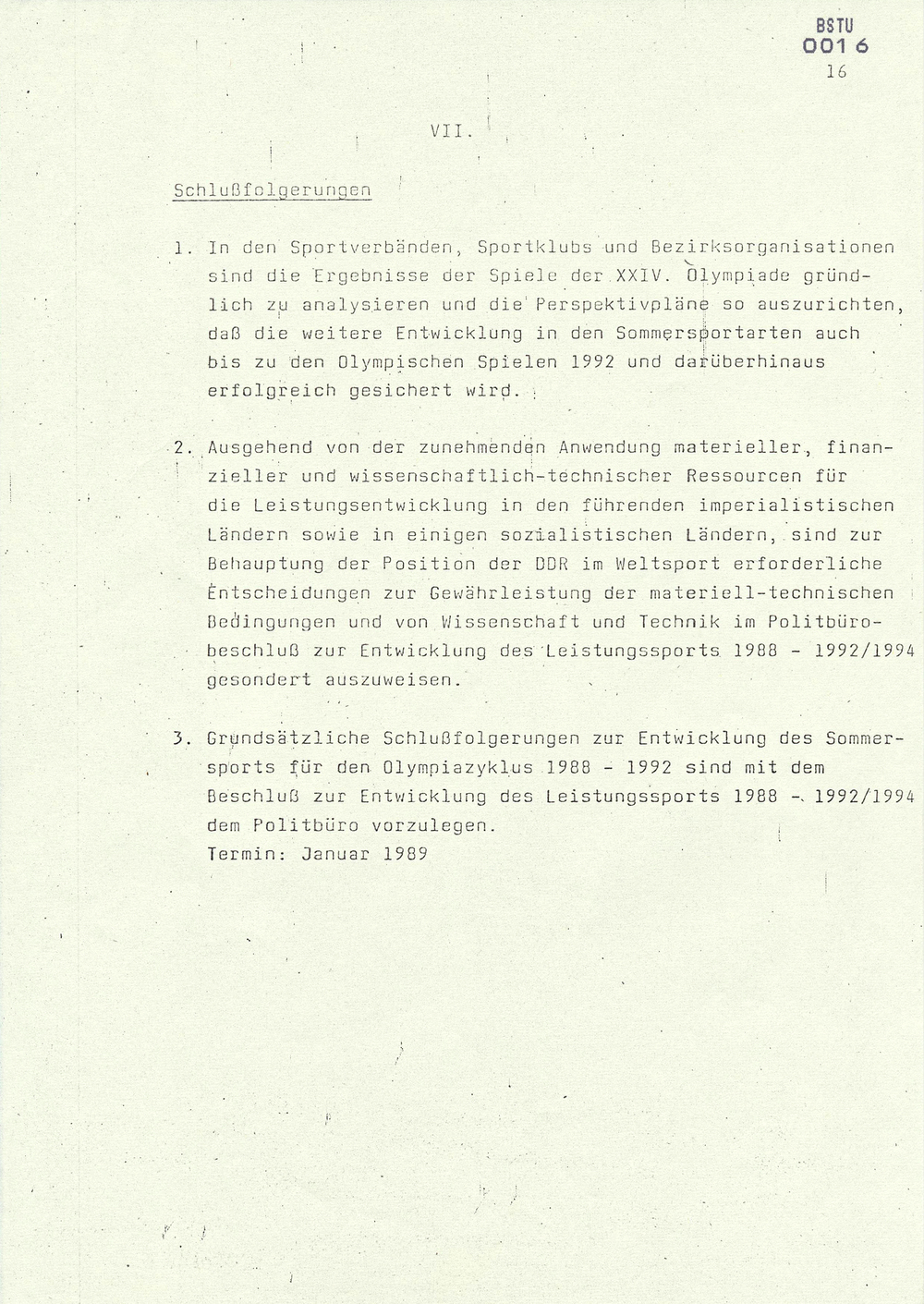 Bericht über die Teilnahme der DDR-Mannschaft an den Spielen der XXIV. Olympiade