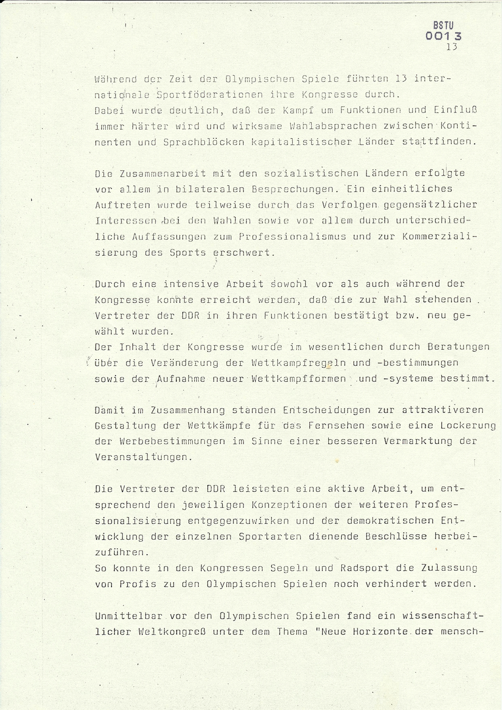 Bericht über die Teilnahme der DDR-Mannschaft an den Spielen der XXIV. Olympiade