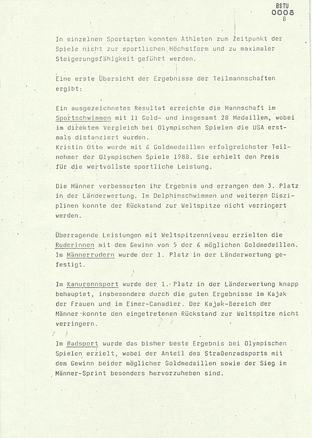 Bericht über die Teilnahme der DDR-Mannschaft an den Spielen der XXIV. Olympiade