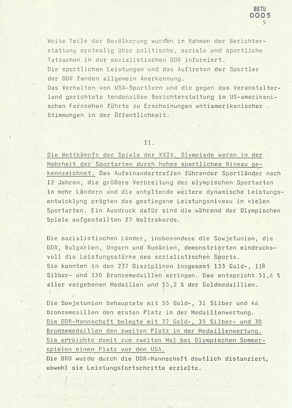 Bericht über die Teilnahme der DDR-Mannschaft an den Spielen der XXIV. Olympiade