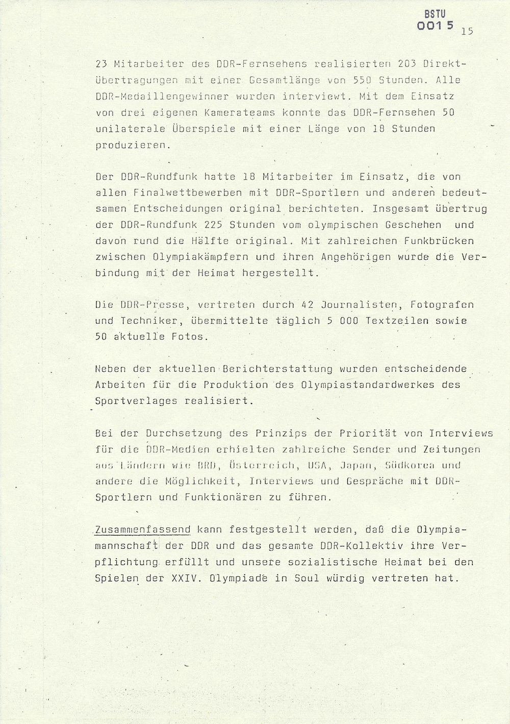 Bericht über die Teilnahme der DDR-Mannschaft an den Spielen der XXIV. Olympiade