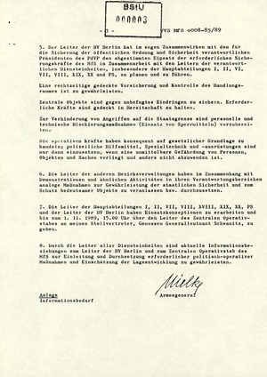 Schreiben Mielkes zur Vorbereitung auf die Demonstration am 4. November 1989 in Berlin