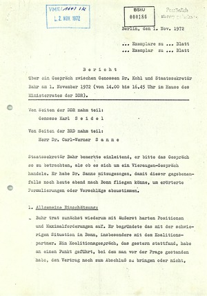 Protokoll über ein Gespräch zwischen Michael Kohl und Egon Bahr