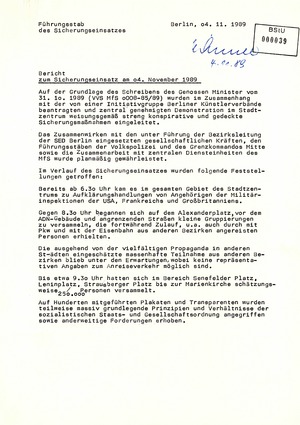 Bericht des Führungsstabes über den Sicherungseinsatz am 4. November 1989