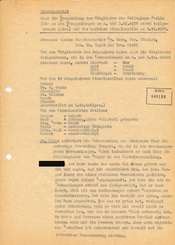 Protokoll der Versammlung des Berliner Anwaltskollegium anlässlich der Abberufung Götz Bergers