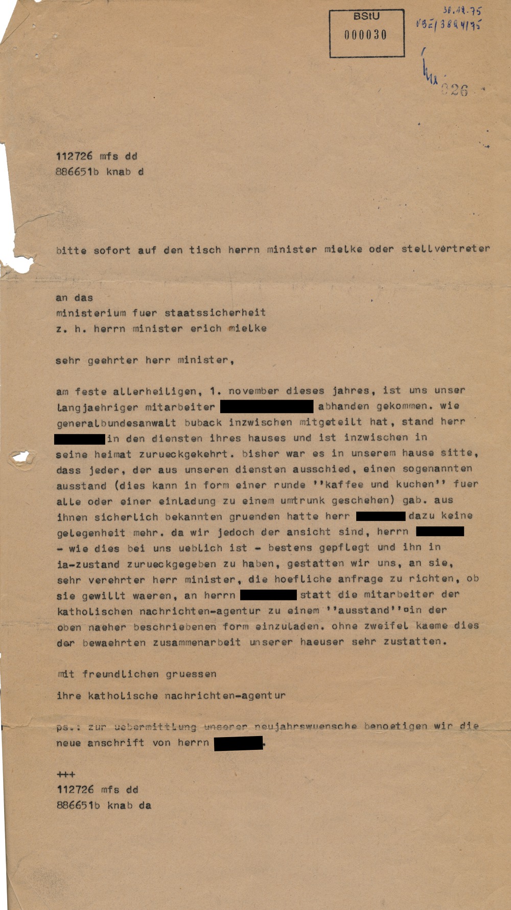 Brief an Mielke wegen eines verschwundenen Agenten