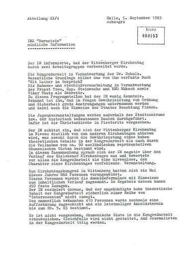Bericht des IMS "Bernstein" über den Wittenberger Kirchentag 1983