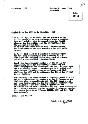 Bericht des IMS "Kloß" über die Aktivitäten der Ost-CDU im zweiten Halbjahr 1983