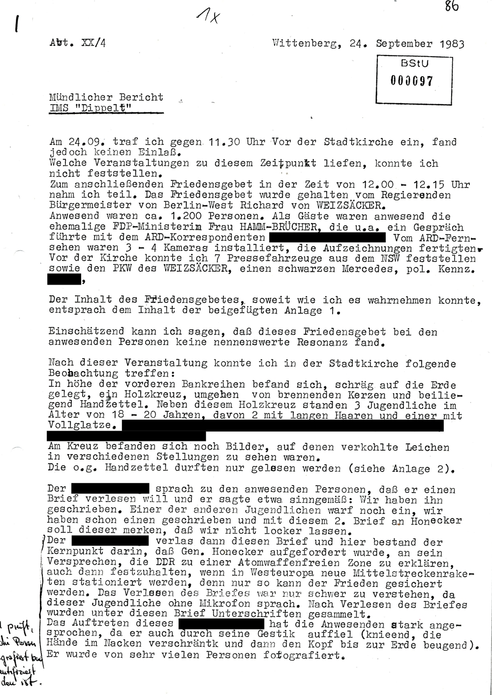 Bericht IMS "Dippelt" über den Kirchentag in Wittenberg 1983 | Mediathek des Stasi-Unterlagen-Archivs