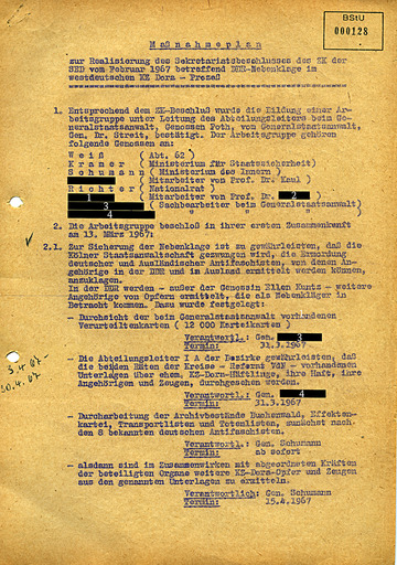 Maßnahmeplan zur Realisierung des Sekretariatsbeschlusses des ZK der SED vom Februar 1967 betreffend DDR-Nebenklage im westdeutschen KZ Dora – Prozess