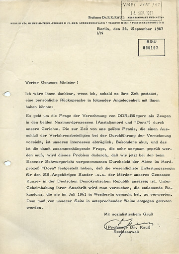 Schreiben von Rechtsanwalt Friedrich Karl Kaul an Stasi-Minister Mielke zur Praxis des Ausschlusses Verfahrensbeteiligter bei kommissarischen Vernehmungen von Zeugen (vom 26. September 1967)