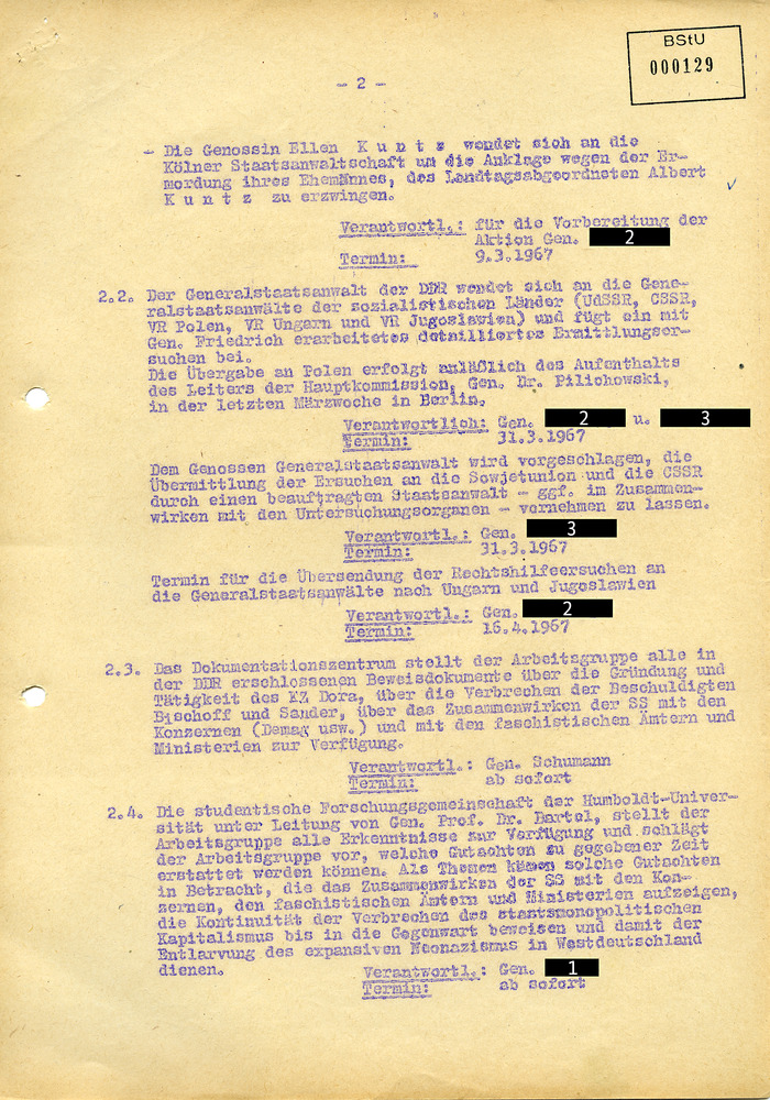 Maßnahmeplan zur Realisierung des Sekretariatsbeschlusses des ZK der SED vom Februar 1967 betreffend DDR-Nebenklage im westdeutschen KZ Dora – Prozess