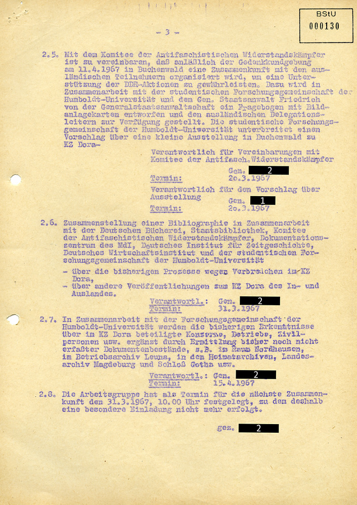 Maßnahmeplan zur Realisierung des Sekretariatsbeschlusses des ZK der SED vom Februar 1967 betreffend DDR-Nebenklage im westdeutschen KZ Dora – Prozess