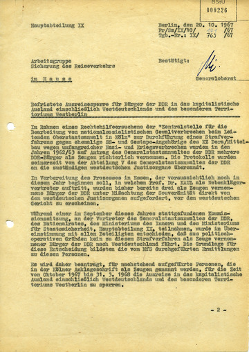 Befristete Ausreisesperre für Bürger der DDR in das kapitalistische Ausland einschließlich Westdeutschlands und des besonderen Territoriums Westberlin (20.10.1967)