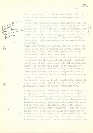 Referat auf der 6. Tagung des Bundesvorstandes "Zum Stand der Vorbereitung der Mannschaft der DDR auf die Olympischen Sommerspiele 1972 und zu Problemen des Nachwuchsleitungssports"