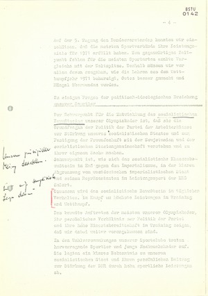 Referat auf der 6. Tagung des Bundesvorstandes "Zum Stand der Vorbereitung der Mannschaft der DDR auf die Olympischen Sommerspiele 1972 und zu Problemen des Nachwuchsleitungssports"