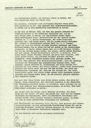 Brief von Heinz Galinski, Vorsitzender der Jüdischen Gemeinde zu Berlin, an Erich Honecker