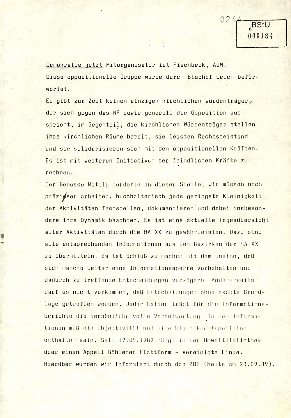 Gedächtnisprotokoll einer Dienstbesprechung vom stellvertretenden Minister Rudi Mittig zu Repression gegen oppositionelle Gruppen