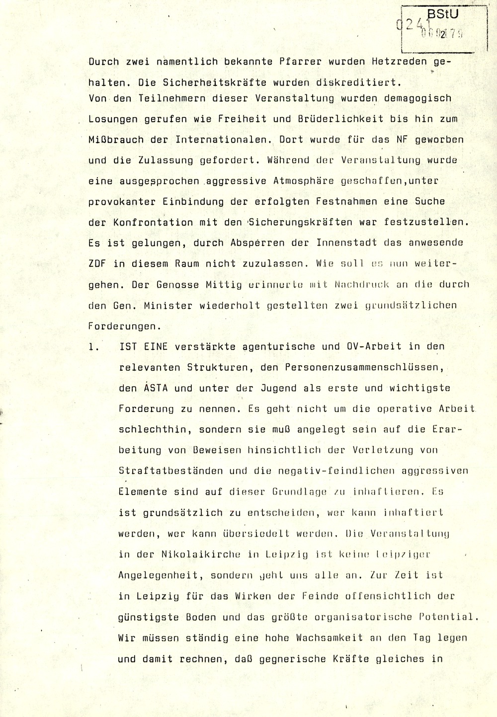 Gedächtnisprotokoll einer Dienstbesprechung vom stellvertretenden Minister Rudi Mittig zu Repression gegen oppositionelle Gruppen