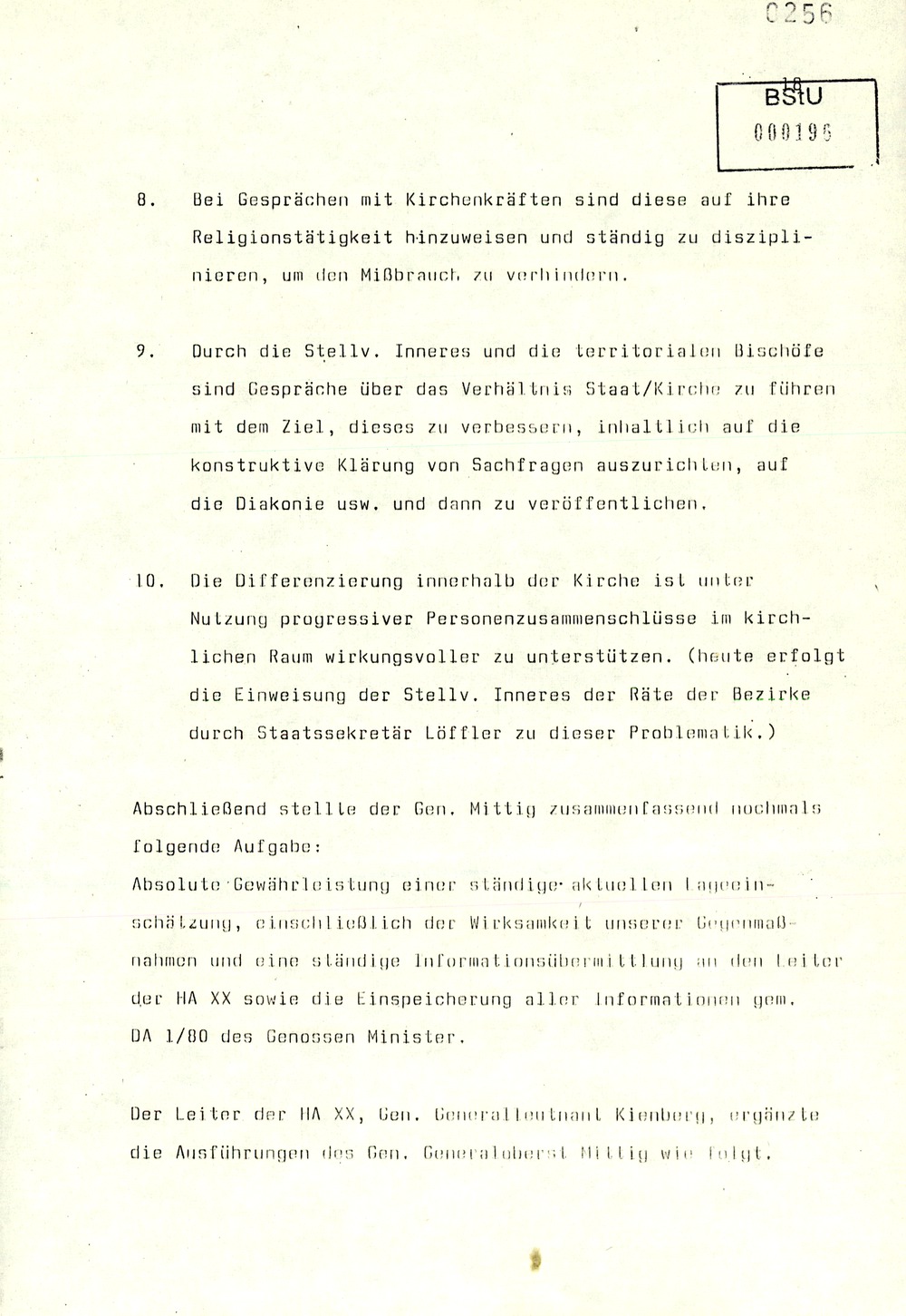 Gedächtnisprotokoll einer Dienstbesprechung vom stellvertretenden Minister Rudi Mittig zu Repression gegen oppositionelle Gruppen