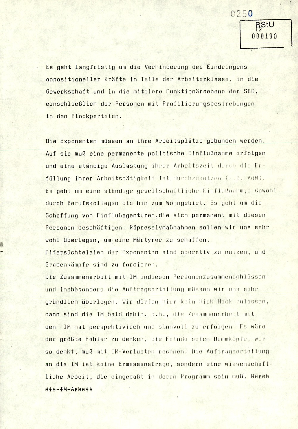 Gedächtnisprotokoll einer Dienstbesprechung vom stellvertretenden Minister Rudi Mittig zu Repression gegen oppositionelle Gruppen