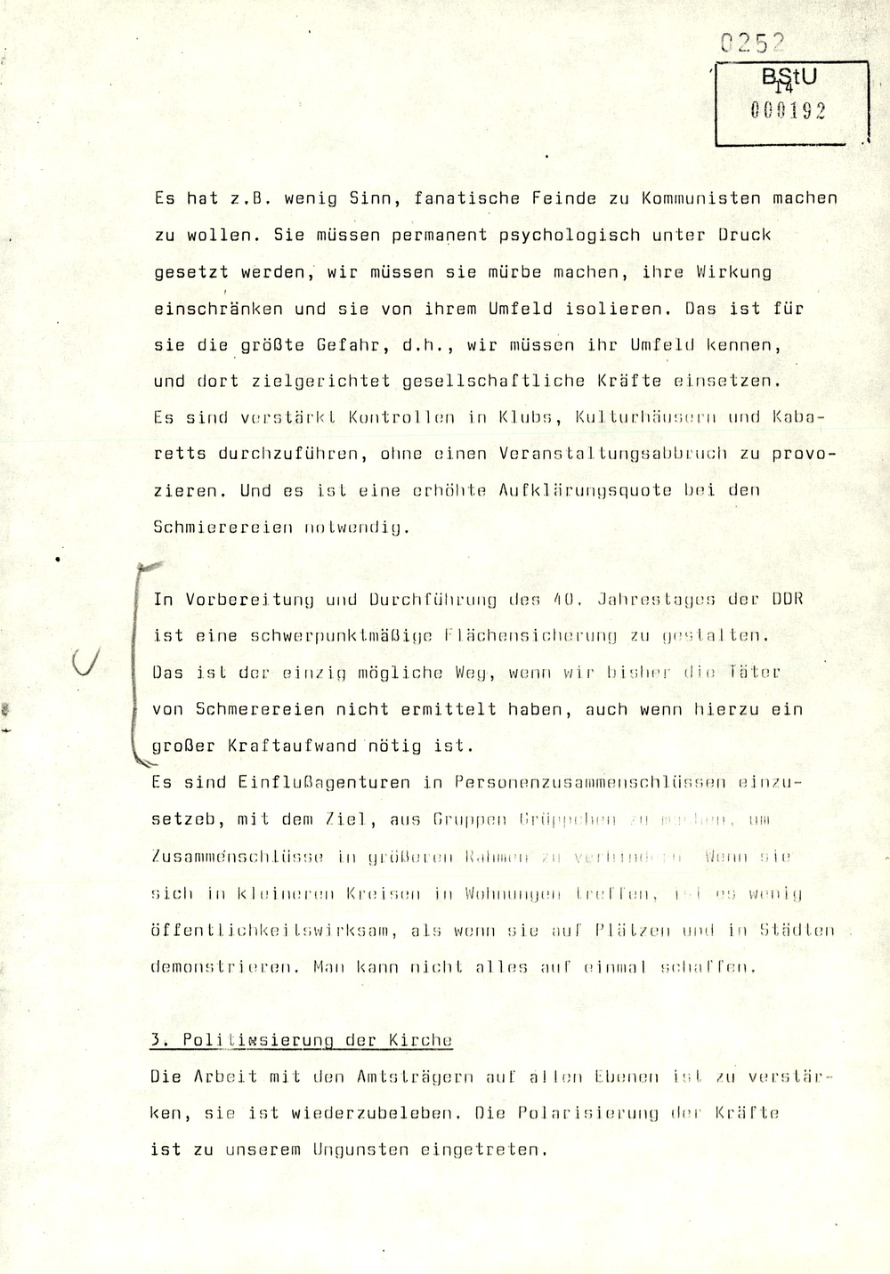 Gedächtnisprotokoll einer Dienstbesprechung vom stellvertretenden Minister Rudi Mittig zu Repression gegen oppositionelle Gruppen
