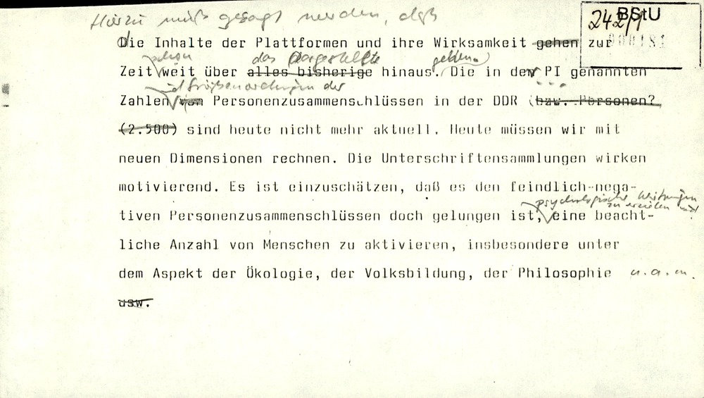 Gedächtnisprotokoll einer Dienstbesprechung vom stellvertretenden Minister Rudi Mittig zu Repression gegen oppositionelle Gruppen