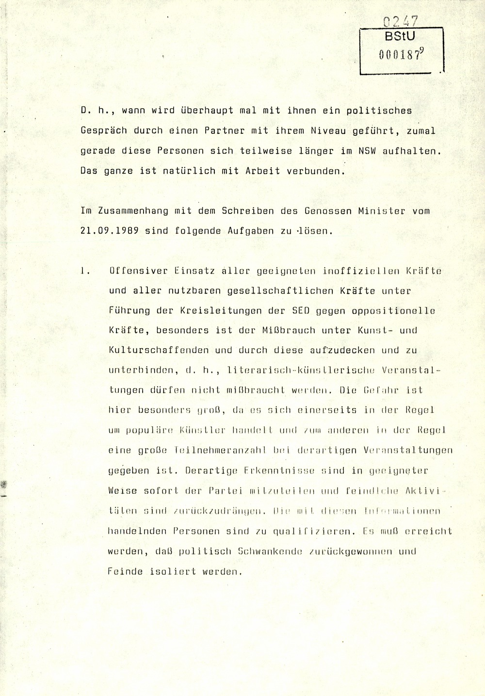 Gedächtnisprotokoll einer Dienstbesprechung vom stellvertretenden Minister Rudi Mittig zu Repression gegen oppositionelle Gruppen