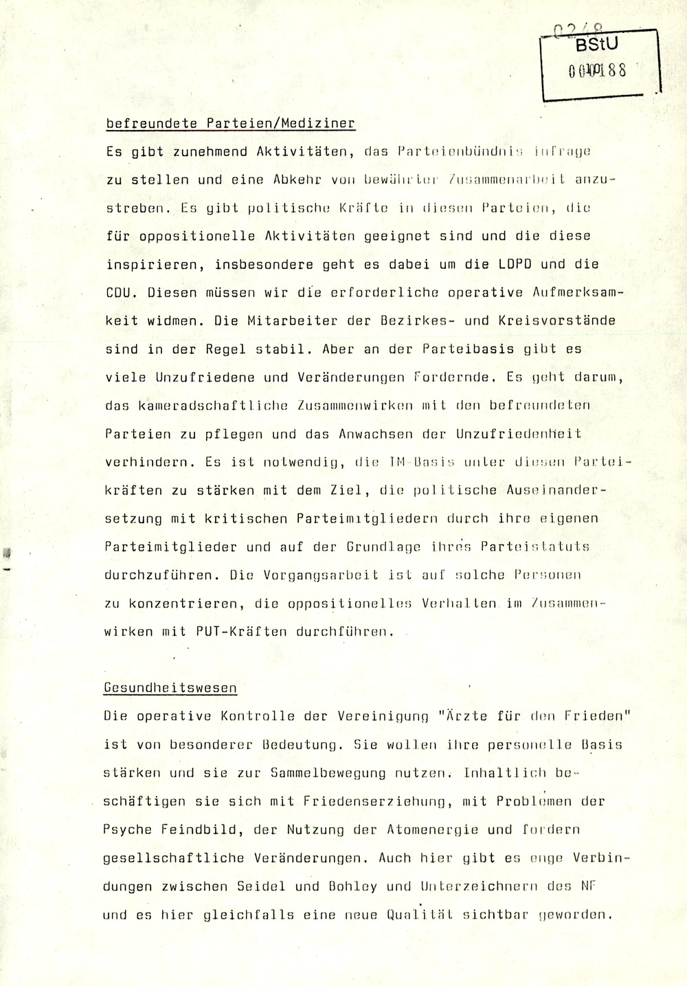 Gedächtnisprotokoll einer Dienstbesprechung vom stellvertretenden Minister Rudi Mittig zu Repression gegen oppositionelle Gruppen