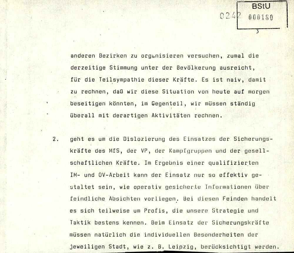 Gedächtnisprotokoll einer Dienstbesprechung vom stellvertretenden Minister Rudi Mittig zu Repression gegen oppositionelle Gruppen
