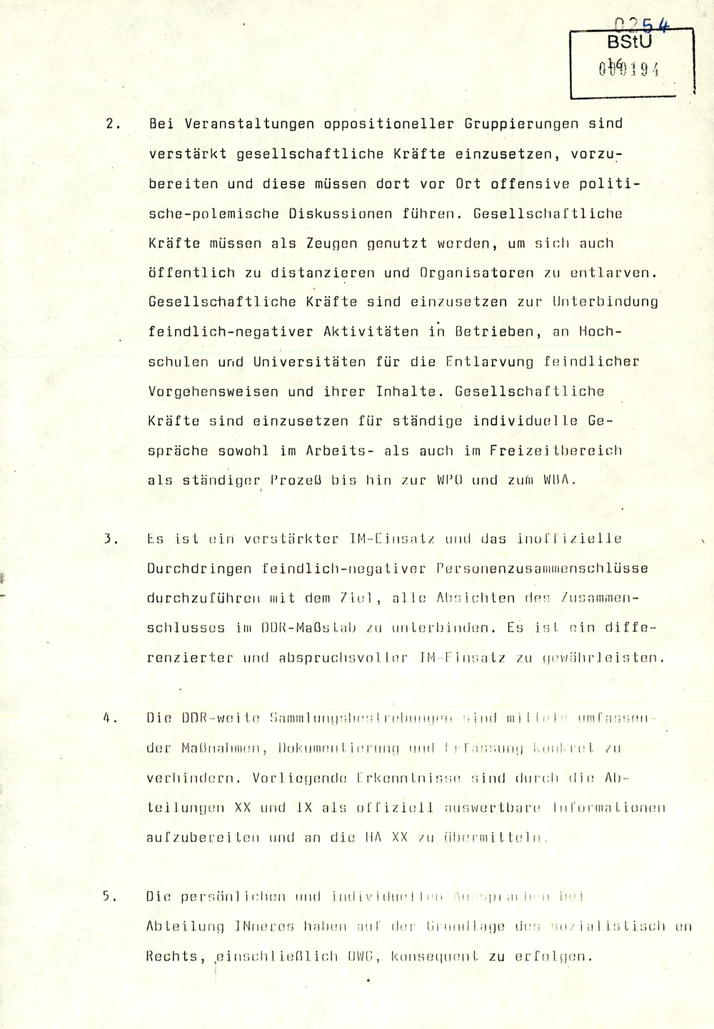 Gedächtnisprotokoll einer Dienstbesprechung vom stellvertretenden Minister Rudi Mittig zu Repression gegen oppositionelle Gruppen