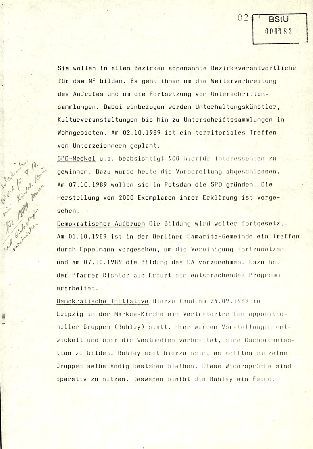 Gedächtnisprotokoll einer Dienstbesprechung vom stellvertretenden Minister Rudi Mittig zu Repression gegen oppositionelle Gruppen
