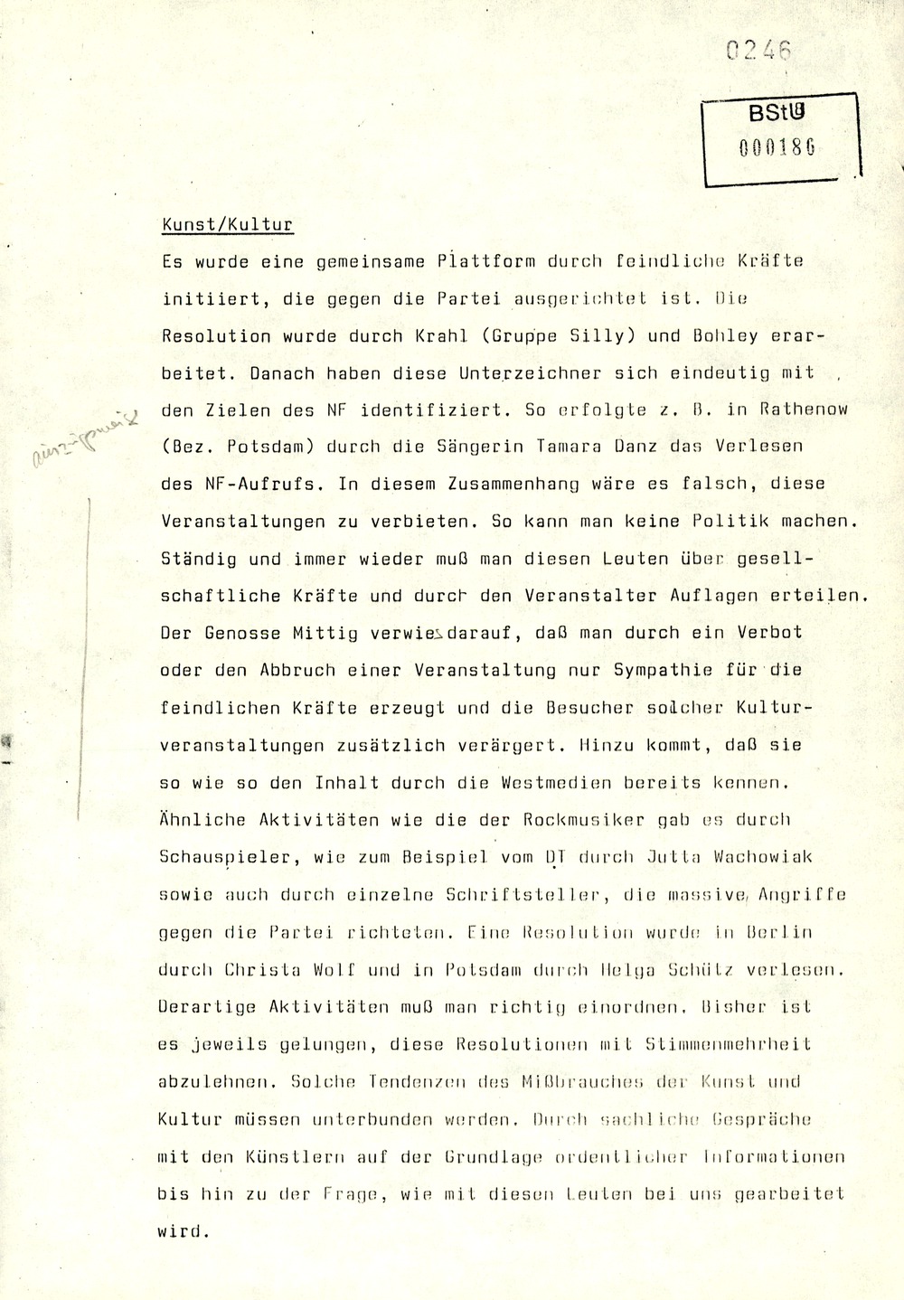 Gedächtnisprotokoll einer Dienstbesprechung vom stellvertretenden Minister Rudi Mittig zu Repression gegen oppositionelle Gruppen