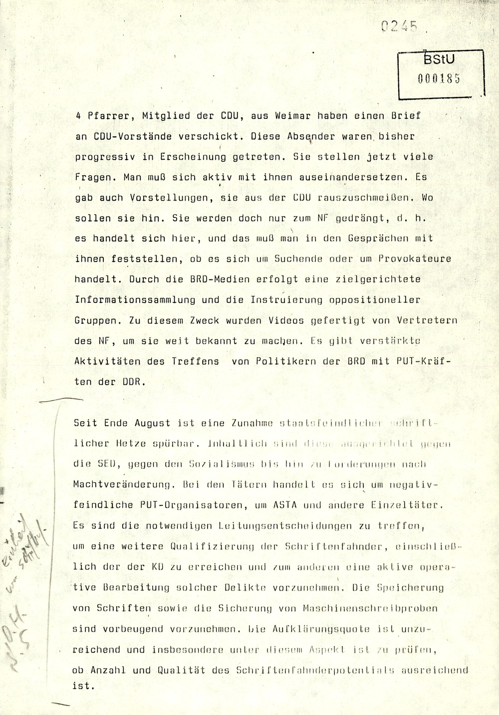 Gedächtnisprotokoll einer Dienstbesprechung vom stellvertretenden Minister Rudi Mittig zu Repression gegen oppositionelle Gruppen