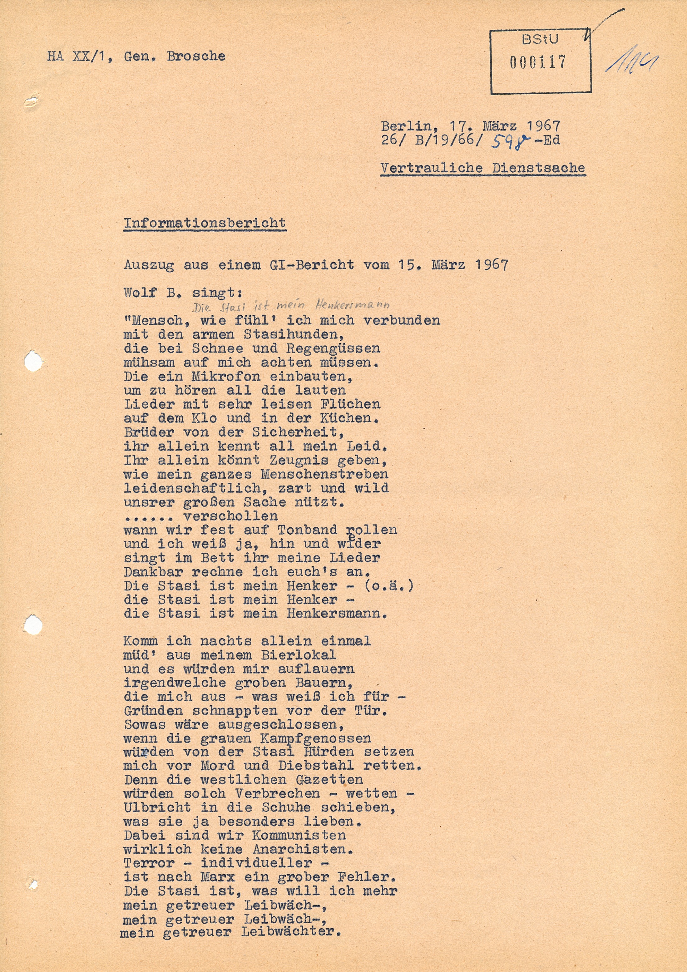 Informationsbericht über ein abgehörtes Lied von Wolf Biermann: \